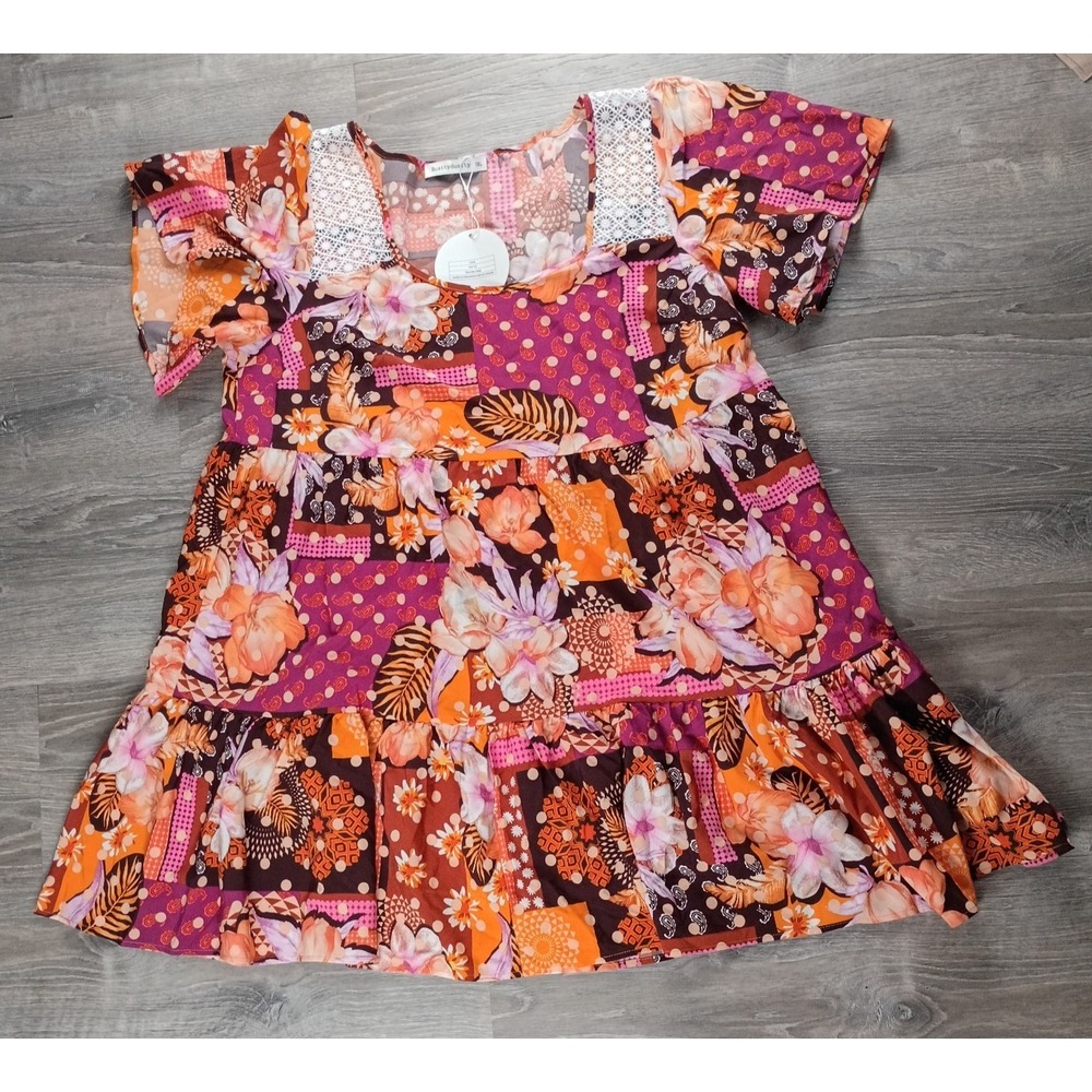 Rusty Dusty Dress Women's Size 1XL Patchwork Print Floral Bohemian Lagenlook NEW